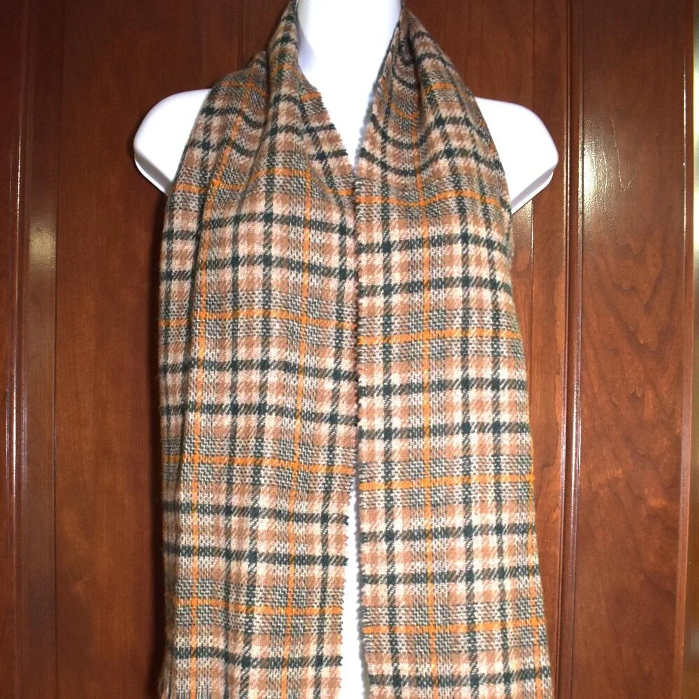Vintage Shetland Wool Scarf Plaid Brown Green Made In Scottland